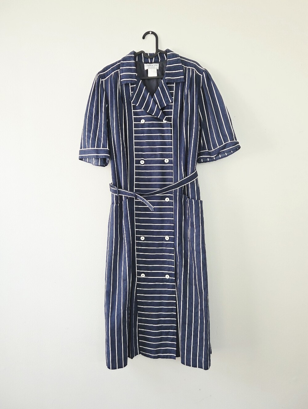 Vintage Givenchy En Plus navy striped Double Breasted shirt dress 80s 16W